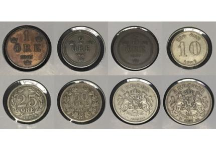 瑞典1907年獨立年份唯一年份清年版3銅5銀八枚全套 